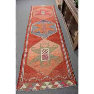 พรมสไตล์ตุรกีโบราณลายเย็บปะสีส้มแดงแบบคลาสสิก3.3x11ฟุตยางวัสดุขนแกะสานทรงสี่เหลี่ยมผืนผ้าแบนสำหรับวัยรุ่น - Product Image 1