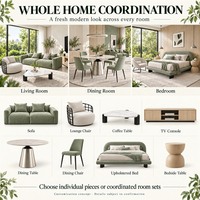 Ensemble de meubles modernes vert sauge sur mesure pour toute la maison : canapé de salon, table à manger ronde, chaises et lit rembourré