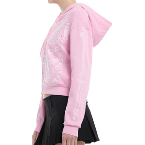 Custom High Quality Zip up Hoodie <b>Crop</b> <b>Top</b> Rib Hem Long Sleeve <b>Pink</b> Rib Cage Rhinestone Girls Women Hoodie - Product Image 4