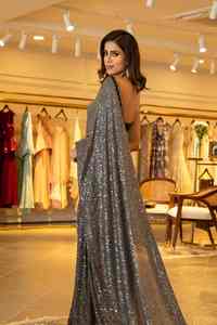 เดรสผ้าส่าหรีแบบแต่งตัวสวยเทรนด์ใหม่เสื้อเบลาส์ผ้าจอร์เจียหนัก60กรัมงานปักหลายลำดับ - Product Image 2