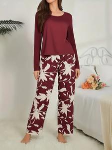 เซตชุดนอนแขนยาวของผู้หญิงผ้าระบายอากาศได้ดีย้อมสีเรียบๆเอวยางยืดนุ่มสบายฤดูร้อน - Product Image 5