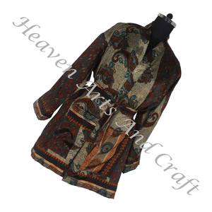 Kimono Vintage de seda KS008 hermoso Vintage Sari corto Vintage seda Sari seda hecho a mano batas de mujer con bolsillos y cinturón OEM - Product Image 1