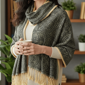 Chal Reversible de Paisley Kashmiri en Verde Oliva y Amarillo Mostaza, Diseño Floral Bordado Étnico de Invierno, Encaje Sólido, Suave Cachemira y Seda Digital - Product Image 5