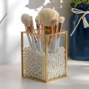 New Brass Glass Pen <b>Holder</b> 4 Compartments Clear Organizer <b>Makeup</b> Brush <b>Holder</b> Gold Plated Metal Handmade Modern Design Home Use - Product Image 2