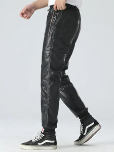 Pantalones de cuero para hombre con bolsillos con cremallera | Diseño cómodo y moderno Pantalón de hombre antiarrugas teñido liso antiarrugas - Product Image 2