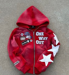 Sudadera con capucha fabricante Y2k Streetwear Vintage ácido lavado apenado bordado parche letra con gráfico Zip Up Sudadera con capucha para hombres - Product Image 1