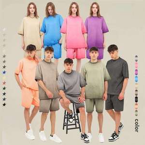 Ensemble T-shirt et short décontracté d'été pour hommes, en molleton tricoté uni ou imprimé, mélange polyester/coton, ODM - Product Image 1