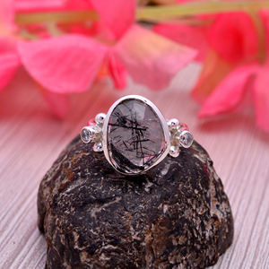 Christmas Gift Natural 925 Silver Black Rutile Quartz 18x12mm Uneven Oval Gemstone <b>Ring</b> 4.12 gm Sterling Silver Girl <b>Finger</b> <b>Ring</b> - Product Image 2