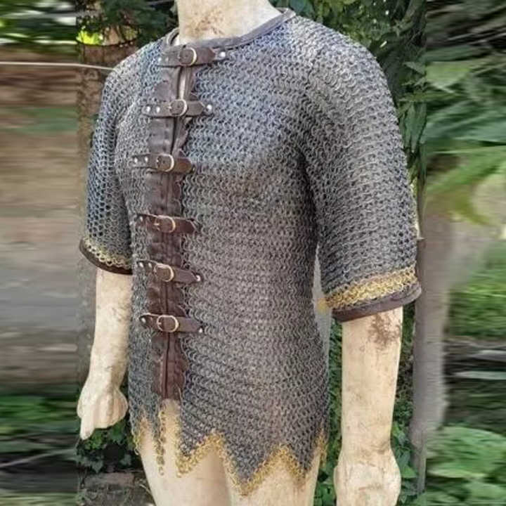 Handmade Medieval Chainmail Half Sleeves 09 mm Flat Riveted round Ring Armor Oiled Finish Model Mild Steel Zig Zag Hauberk Oil