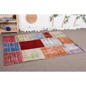 Alfombra de retazos Beige de estilo turco Vintage moderna, Alfombra de lana de área grande de 4x5,8 pies con respaldo de látex para sala de estar o cama - Product Image 3