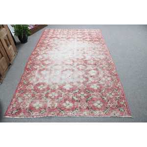 Vintage Turkish Rug, 5.1x8.2 ft Rug, <b>Red</b> Floral <b>Wool</b> Rug - Product Image 1