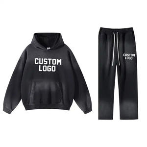 Streetwear personnalisé en détresse brodé Patch strass pull à capuche et pantalons de survêtement ensemble hommes lavage à l'acide survêtement - Product Image 2