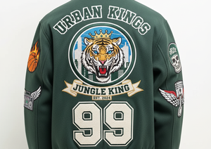 Chaqueta universitaria verde personalizada | Mezcla de lana 100% algodón | Cuello alto de estilo Callejero | Mangas de poliéster - Product Image 4