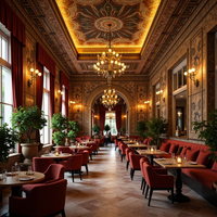 Ensemble de mobilier de luxe pour hôtels, cafés et salons de thé : banquette carrée en bois de chêne, canapé en cuir, table et chaises de restaurant