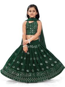 Shoryam Fashion Robe Lehenga Choli pour Filles et Enfants, longueur ras du sol, entièrement cousue, style traditionnel indien, avec broderie miroir verte, pour mariage et cérémonie - Product Image 3