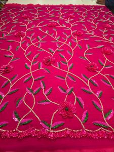 Luxury Hot Pink Net <b>Fabric</b> with 3D Flower Beaded & Sequins Hand Embroidered Heavyweight Weft Knitted Accessory Style - Product Image 3