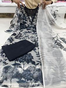 Noir crémeux couleur fantaisie imprimé fleuri coupe droite bordure pur Khatli travail à la main genou longueur fantaisie Kurti ensemble pour le bureau et le quotidien - Product Image 6