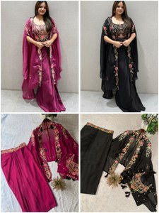 Blusa de Seda Rangoli con Bordado de Lentejuelas y Borlas, Diseño de Última Moda para Fiestas y Bodas, con Dhoti y Chal - Product Image 3