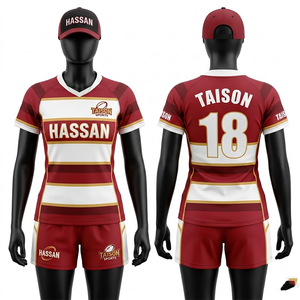 Tenue de rugby pour femmes en tissu polyester haute performance, design à rayures rouges, blanches et dorées, impression de logo personnalisée par sublimation, ensemble d'équipe - Product Image 1