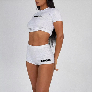 Logo personnalisé solide décontracté brodé femmes Fitness ensembles polyester/coton régulier haut pleine longueur Shorts deux pièces toutes saisons - Product Image 2