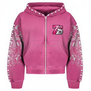 เสื้อมีฮู้ดซิปหนาแบบพรีเมี่ยมสำหรับฤดูหนาวมี400 GSM ขนแกะเนื้อนุ่มสีชมพูด้านในปักโลโก้ได้ตามต้องการ - Product Image 1