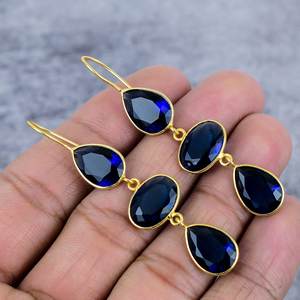 Saphir bleu poire forme ovale pierre précieuse 925 boucles d'oreilles en argent Sterling plaqué or attacher fil cadeaux exclusifs à la mode pour les fêtes - Product Image 1