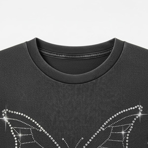 T-shirt en coton slim pour femme, col rond, accessoire vestimentaire en gros, motif papillon en strass à repasser - Product Image 5