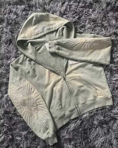 Diseño Premium personalizado Zip up Hoodie 100% algodón Heavyweight hombres sudaderas con capucha parche desgastado bordado doble capucha Sudadera con capucha - Product Image 3