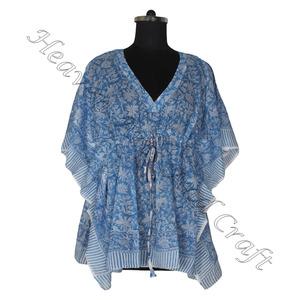 ชุดนอนผู้หญิงผ้าคอตตอน100% ชุดเดรสคาฟตันพิมพ์ลายบล็อกมือสำหรับ KFCS128น้ำหนักเบาสวมใส่ในโอกาสลำลองชุดเดรสสั้นคัฟตัน - Product Image 2