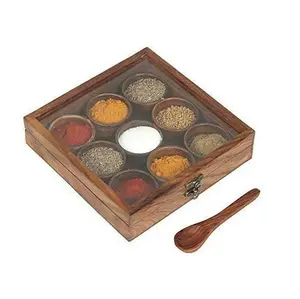 Wooden Masala Box for Kitchen Masala Dani Wooden Spice Box Set for Kitchen with Spoon and Round Shape 9 Partitions