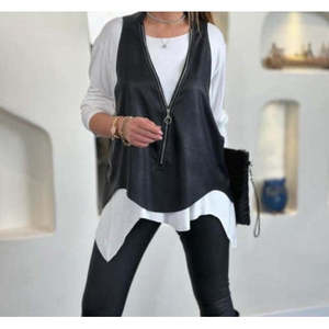 Women's <b>Long</b>-<b>Sleeve</b> Asymmetrical Viscose Blouse and Cracked Leather Look <b>Vest</b> Two-Piece Set, 21105 - White - Product Image 1