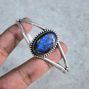 Handmade 925 <b>Sterling</b> <b>Silver</b> Adjustable <b>Cuff</b> Bangle Natural Labradorite Gemstone Boho Style Bangles for Women - Product Image 1