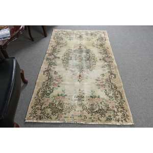 พรมขนสัตว์สีชมพูสีเบจคลาสสิกขนาด3.7x6.5ฟุตงานเย็บปะสไตล์ตุรกีสำหรับห้องนั่งเล่นห้องนอนสำหรับวัยรุ่นที่มีแผ่นยางรอง - Product Image 1