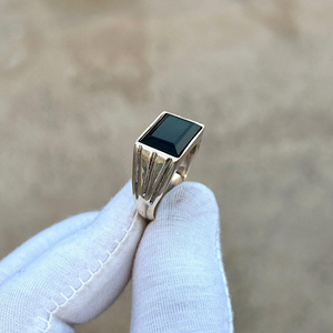 Classics Design Natural <b>Black</b> <b>Onyx</b> Rhodium Plated 925 Sterling Silver Rectangle Statement Unisex Signet <b>Ring</b> - Product Image 5