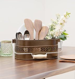 Caddy ovale en métal antique à 3 compartiments avec manche en bois au prix de gros - Product Image 6