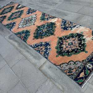 Tapis turc 3,2x12,7 pieds, tapis floral bleu et marron en laine - Product Image 2