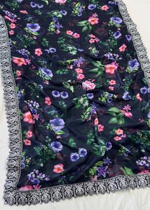 Sari en Georgette Légère à Motif Floral Imprimé Numérique, Style Élégant, Brodé de Paillettes, en Soie Respirante, pour Adultes, Style Ethnique - Product Image 4