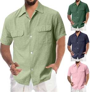 Chemise à manches courtes teintée en fil de coton 100% pour hommes de taille XL personnalisée et décontractée anti-rides respirante avec motif 3D deux poches - Product Image 5