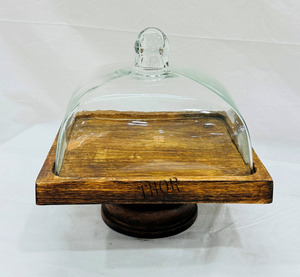 Glass Cloche with Wooden <b>Stand</b> Square <b>Cake</b> <b>Stand</b> with <b>Dome</b> Cupcake & Pastry <b>Stand</b> Glass Dessert <b>Dome</b> Functional <b>Cake</b> Container - Product Image 2