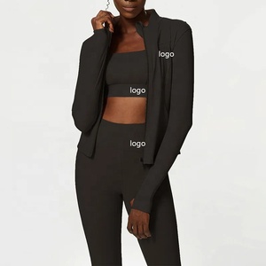 Ensemble de yoga 3 pièces pour femme à col montant et fermeture éclair intégrale, comprenant une veste avec passe-pouces, un soutien-gorge de sport et un legging taille haute pour la gym - Product Image 1