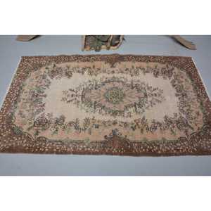 Vintage Turkish Rug, 3.9x6.6 ft Area Rug, <b>Brown</b> Green Floral Rug - Product Image 3