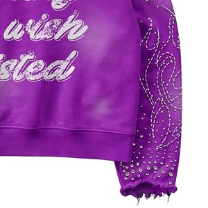 Sweat-shirt surdimensionné en coton épais personnalisé pour l'hiver, lavage à l'acide, impression numérique, broderie sur les manches, strass, effet délavé, service OEM - Product Image 5