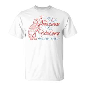 T-shirt promotionnel vintage rose avec motif éléphant rétro et boîte d'allumettes, idéal pour les cocktails et les soirées lounge - Product Image 1