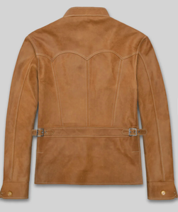Chaqueta de Motociclista de Cuero Genuino Color Bronceado para Hombre, Cuello Alto, Cierre de Cremallera, Corte Regular, Estilo Otoñal - Product Image 2