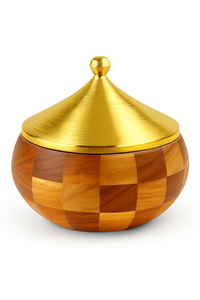 Casserole luxueuse de Ramadan Mubarak avec couvercle en or et base en bois pour des réglages élégants de l'Iftar bol en bois de vente chaude avec couvercle en métal - Product Image 5