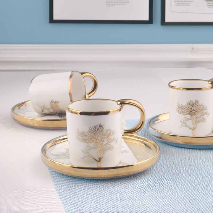 Violet 6 Person Tree of Life Patterned Gold Gilded Porcelain Coffee Cup Set White