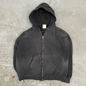 Sudadera con capucha desgastada lavada con ácido de doble capa personalizada para hombre, ropa de calle sin cuerdas de lana en blanco, Vintage, con cremallera desteñida al sol, insignia de invierno frontal - Product Image 6