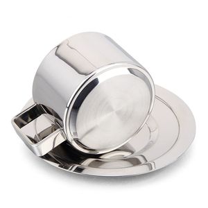 Juego de tazas de café de acero inoxidable, taza resistente al calor de doble pared con platillo, cuchara, vajilla para bebidas, accesorios de cocina y cafetería - Product Image 1