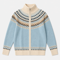 Cardigan 100 % cachemire pour femme, motif Fair Isle, bleu ciel, col montant côtelé, fermeture éclair, veste en cachemire tricotée
