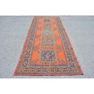 Alfombra de 4.7x11.3 pies, Alfombra Vintage, Alfombra Turca de Lana a Cuadros Naranja - Product Image 1